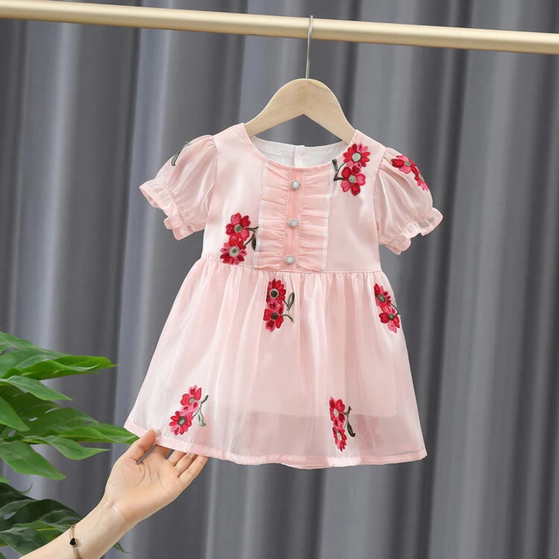 Summer 2024 Girls\' Fashion Casual Solid Color Big Flower Princess Dress Short sleeved Dress 1-4 Years Old