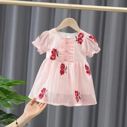 Summer 2024 Girls' Fashion Casual Solid Color Big Flower Princess Dress Short sleeved Dress 1-4 Years Old