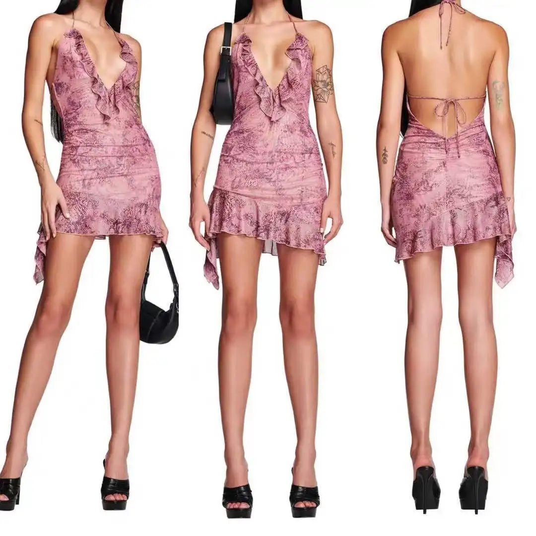 

Iamgia n sexy spice print V-neck strappy dress draped ruffled lotus leaf strapless dress with back