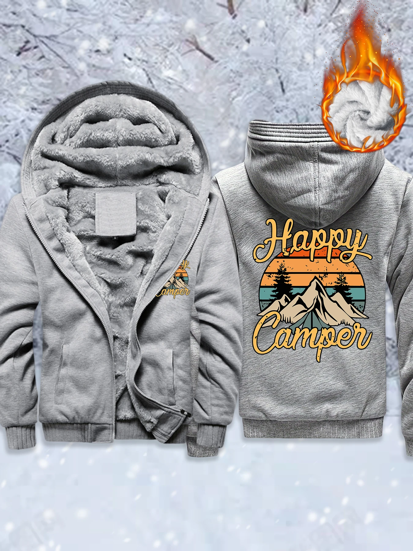 

Happy Camper Mountain Printing Man'S Fleece Pocket Jacket Basics Zip-Up Coat Thicken Winter Sportswear Comfy Warm Outwear Unisex