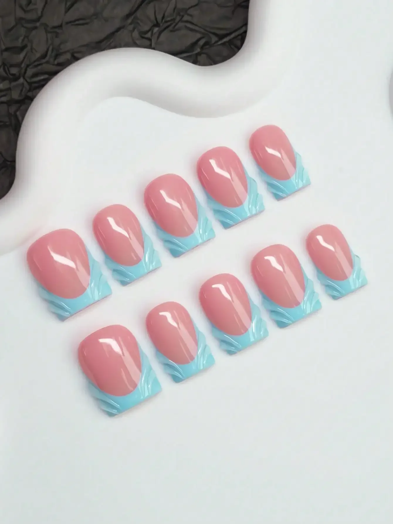 

10pcs Square Shaped Handmade Nail Tips, Y2K Baddie Style, Nude & Blue Color French Tips With Water Drop Design, Suitable For Women & Girls, Party, Daily Wear, Includes Tool Kit, Great Gift For Ladies
