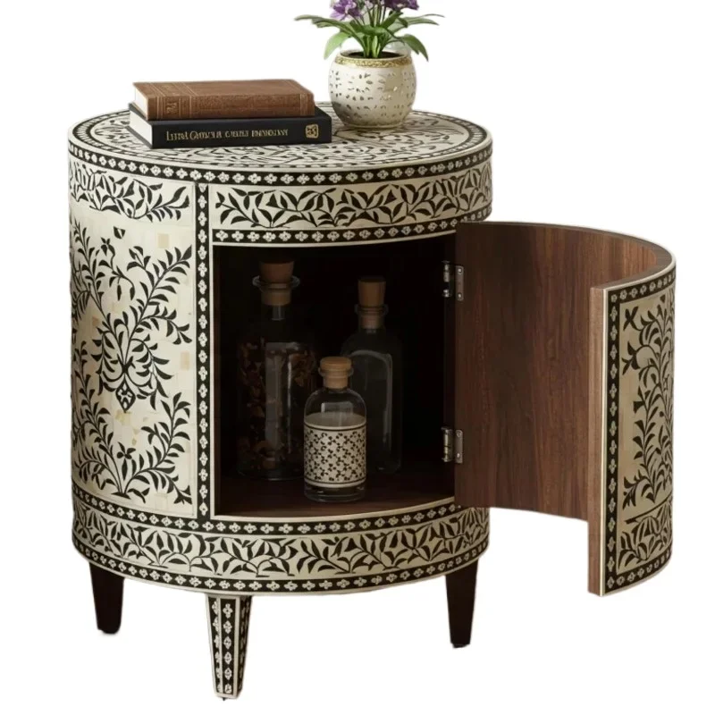 Handcrafted modern side tables with bone inlay, luxury bar cabinets, key storage bedside tables, black and white resin MDF doors