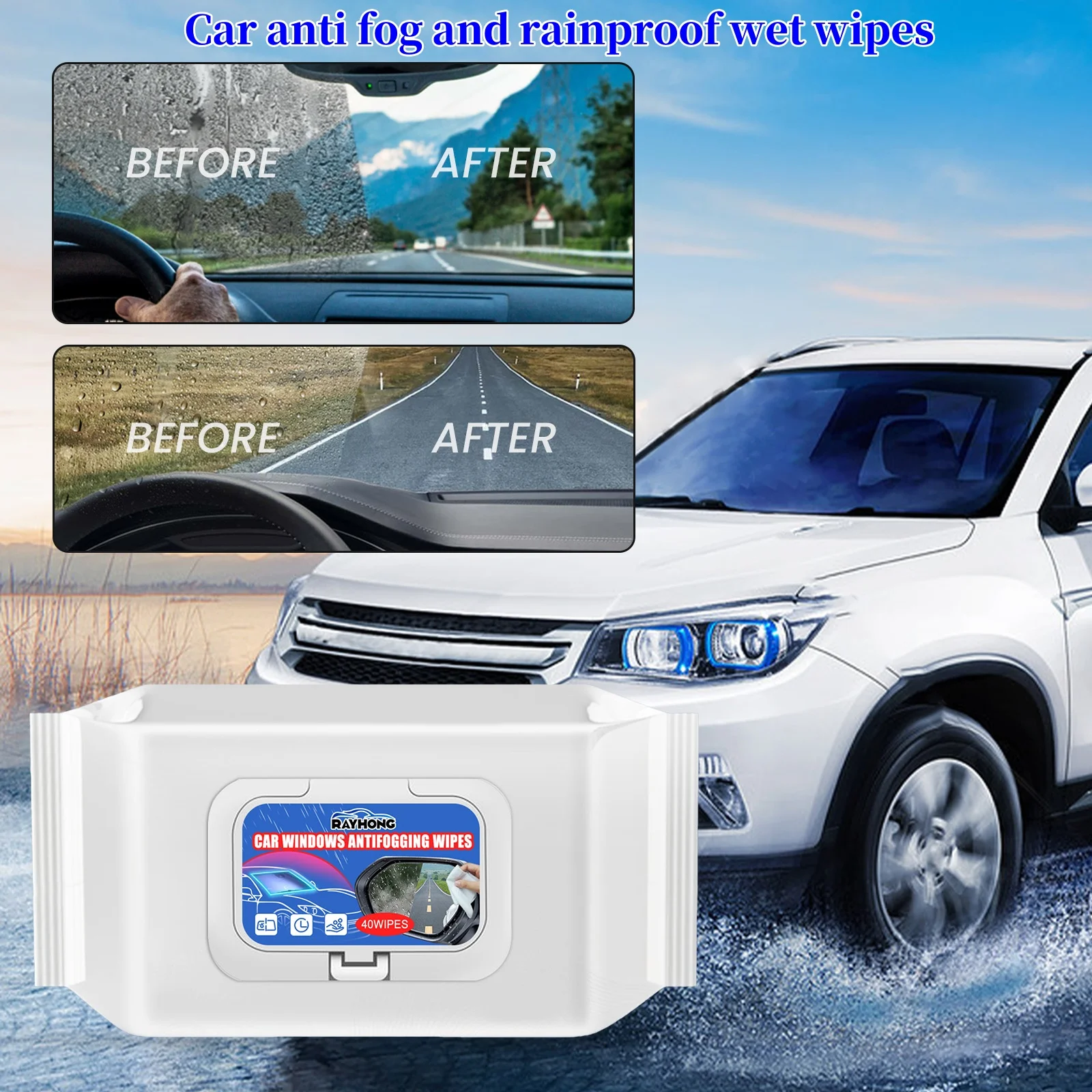 Car Anti-Fog Wipes Multi-Surface Glass Cleaning Wipes 40 Count Rain-Proof Anti Fog Car Interior Windshield Window Cleaner Wipes