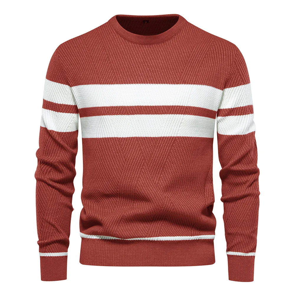 2024 Autumn and Winter Men\'s Casual Striped Men\'s Sweater Pullover Color Blocking Round Neck Men\'s European Size Knitwear