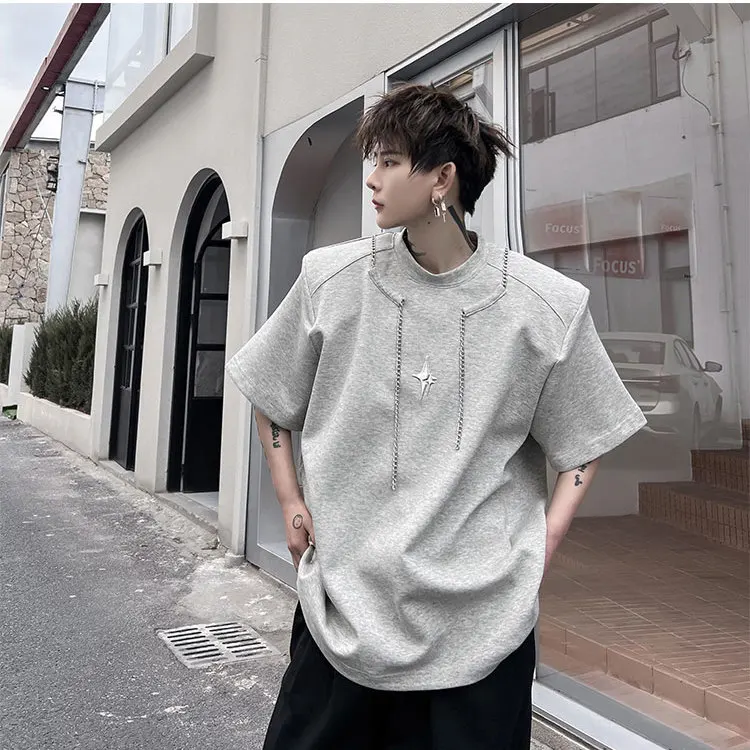 2024 summer niche high-end short-sleeved T-shirt men loose Korean style metal chain design half-sleeved couple tops y2k trendy