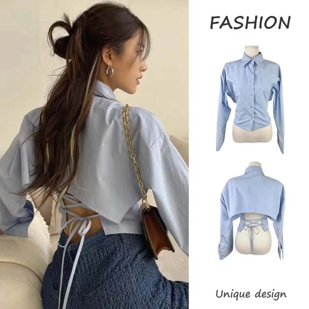 

Temperament Short Women Belt Tied Blouse Shirt Back V-neck Long Sleeve Shirts Korean Y2K Style Blue Belt Tied Slim Shirts Women