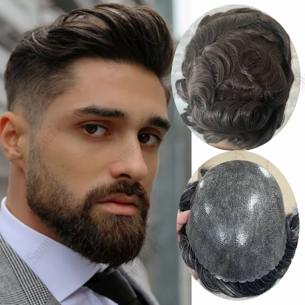 شعر مستعار للرجال من خط الشعر الطبيعي، قاعدة كاملة من البولي يوريثان فائقة التحمل وقابلة للإدارة # 1b نظام شعري صناعي للشعر البشري باللون الأسود والبني والرمادي