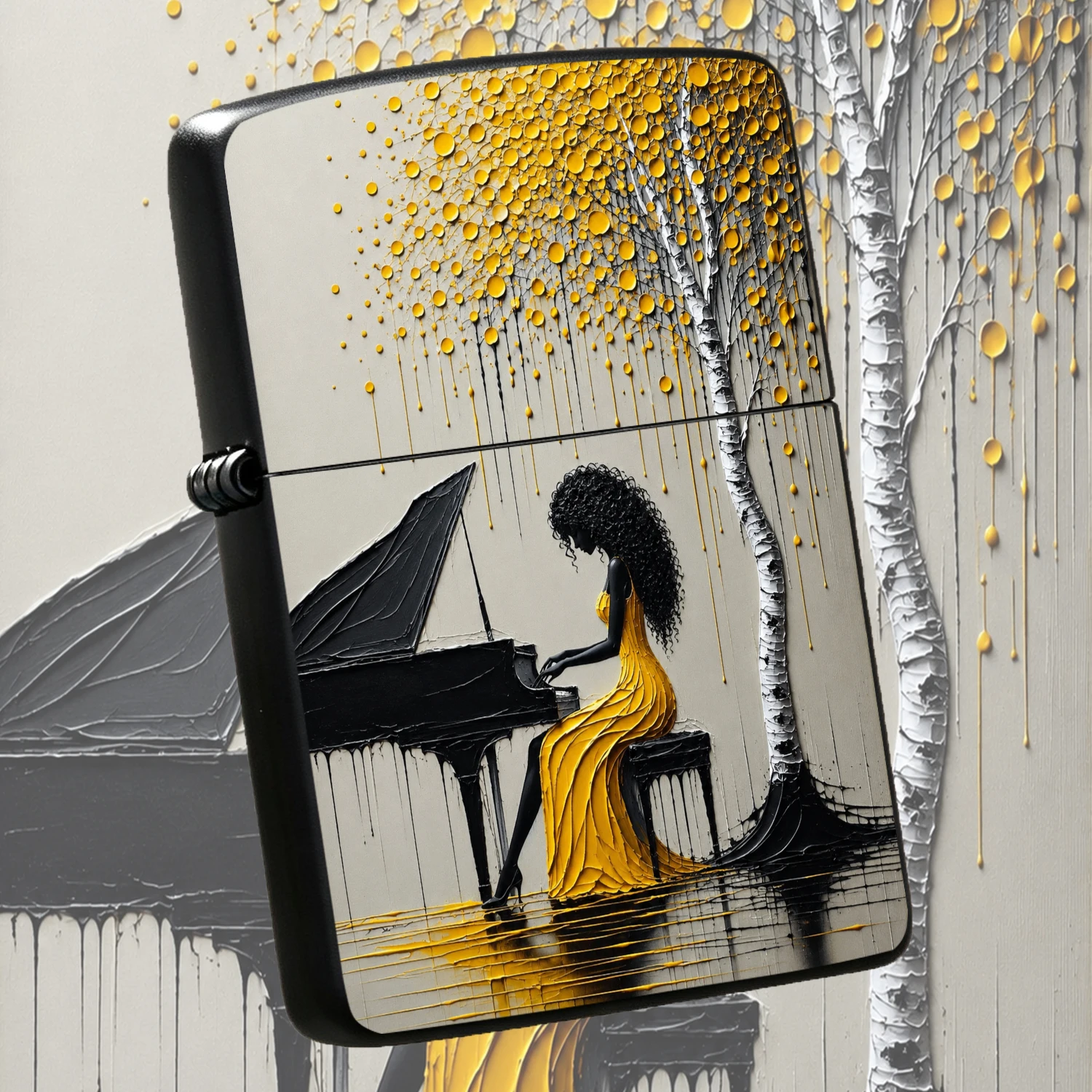 Artistic Lighter With Painting Of Lady Playing Piano Under Birch Tree, Stylish Textured Golden Fluid Art Pattern Portable Lighter, Ideal For Daily Use, Gifting, Home Decor, Outdoor Activities And Various Occasions, Exquisite Creative Practi