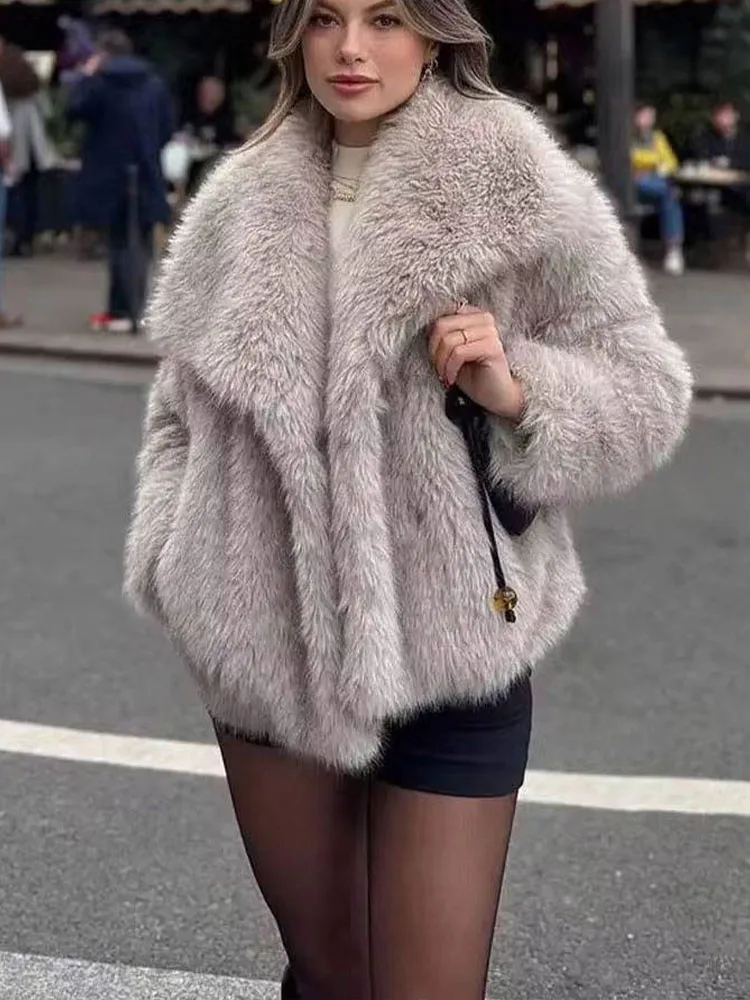 

HH 2024, зимняя женская модная шикарная уличная одежда, женская куртка из искусственного меха, винтажная повседневная термокуртка с лацканами и длинными рукавами