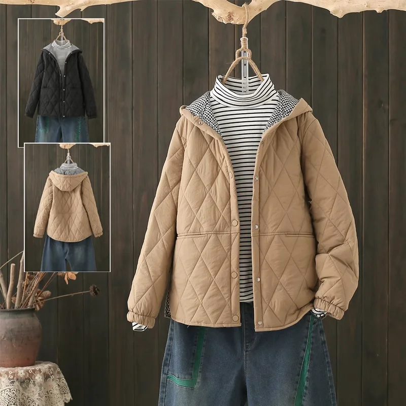 

Осенне-зимняя легкая хлопковая куртка для женщин свободного кроя с эффектом стройности, с капюшоном, однотонная, с ромбовидным узором