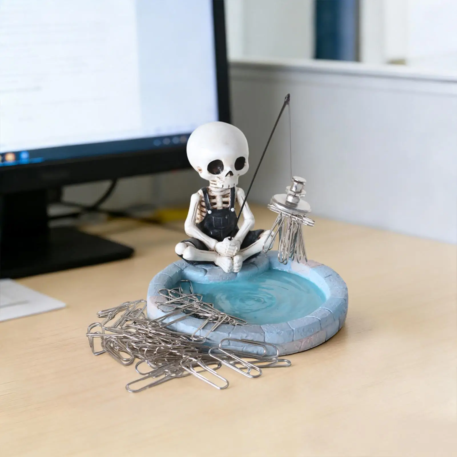 Funny Skeleton Fishing Figurine Magnetic Paper Clip Dispenser Skeleton Fishing Gothic Storage Tray Decorative Paper Clip Holder