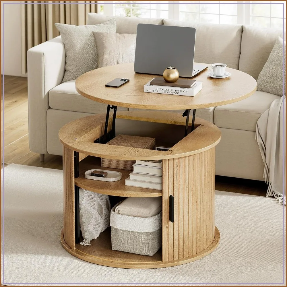 Round Lift Top Coffee Table with Fluted Drum Base, Sliding Door and Wood Storage