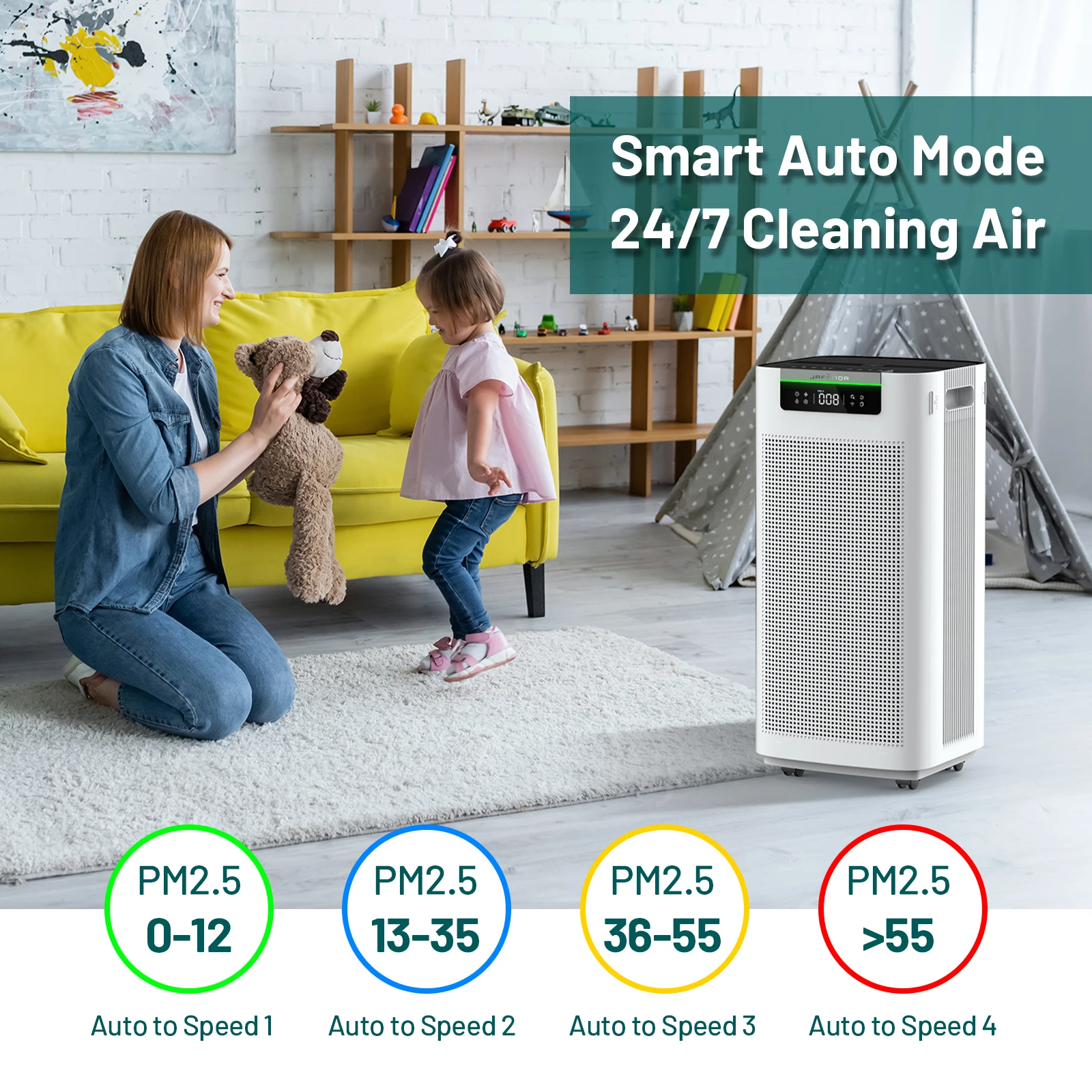 Jafända-Purificateur d'air intelligent HEPA, filtre à charbon actif, supporter ficateurs d'air pour la maison, les grandes pièces, 3800 pi ², Andrea & Alexa, Ture HEPA