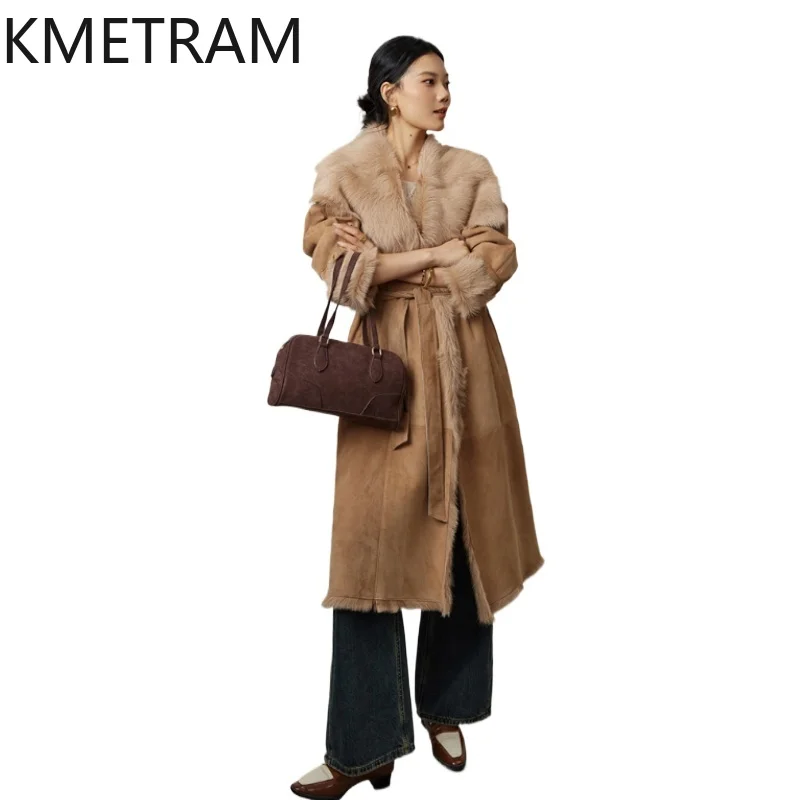 100% Natural Tuscany Wool Sheepskin Double Faced Fur Jacket Woman Khaki Long Real Fur Coat Women Winter Clothes Fourrure 2025
