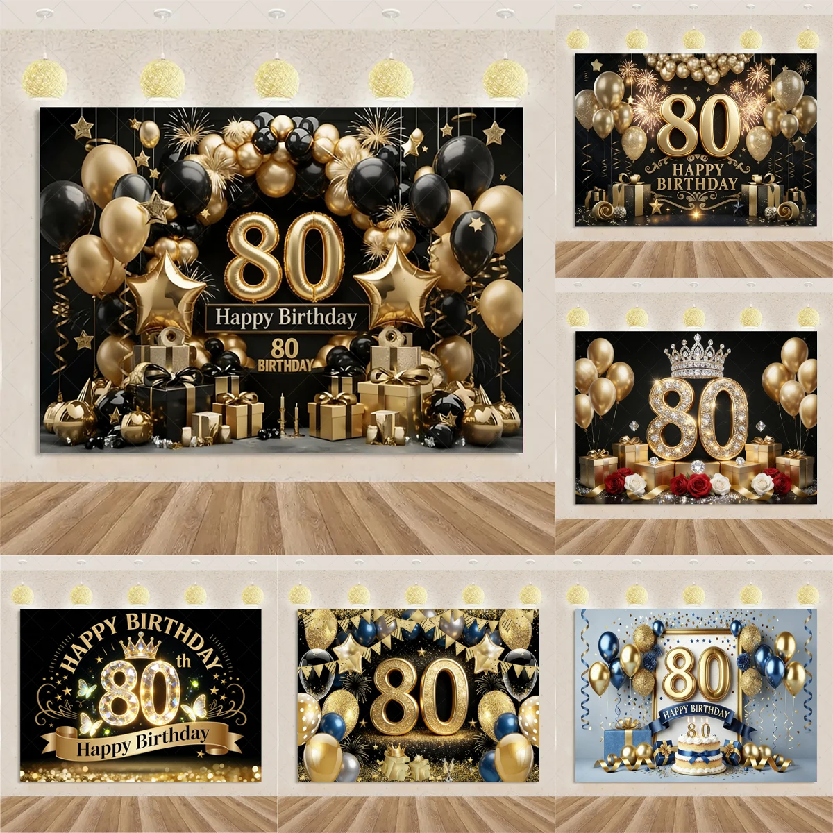 

Happy 80TH Birthday Banner Black Gold Birthday Party Decoration Background Backdrop Balloon for Celebration Photography Supplies