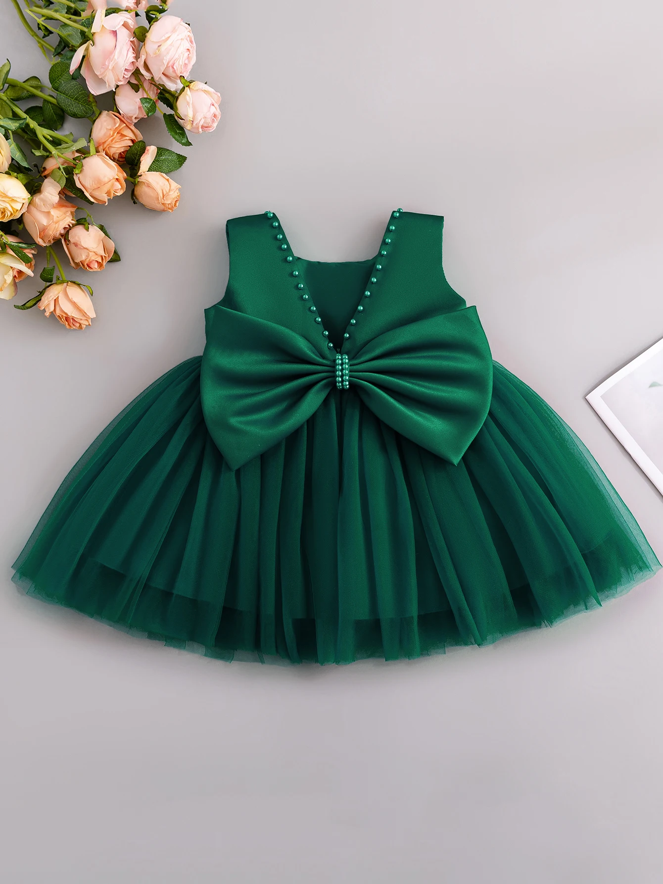 0-2 Baby Girl Summer Dark Green Mesh Splicing Big Bow Dress Children's Dress