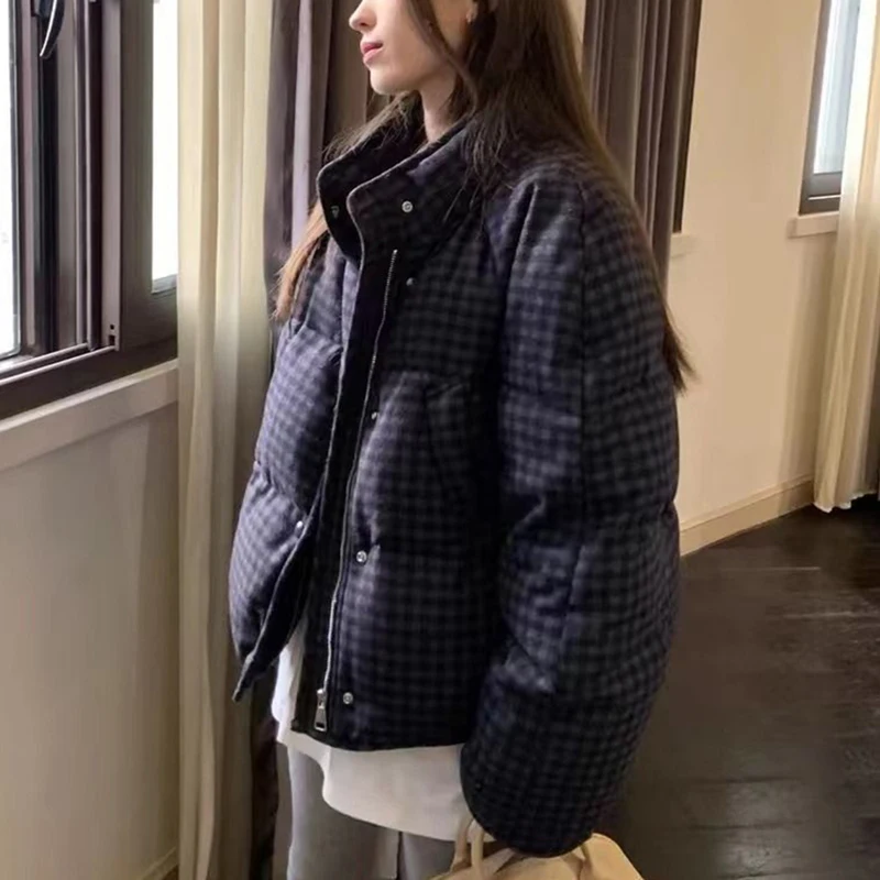 Vintage Plaid Parkas Women Casual Loose Stand Collar Warm Puffy Coats Winter Retro Drawstring Hem All Match Long Sleeve Outwear