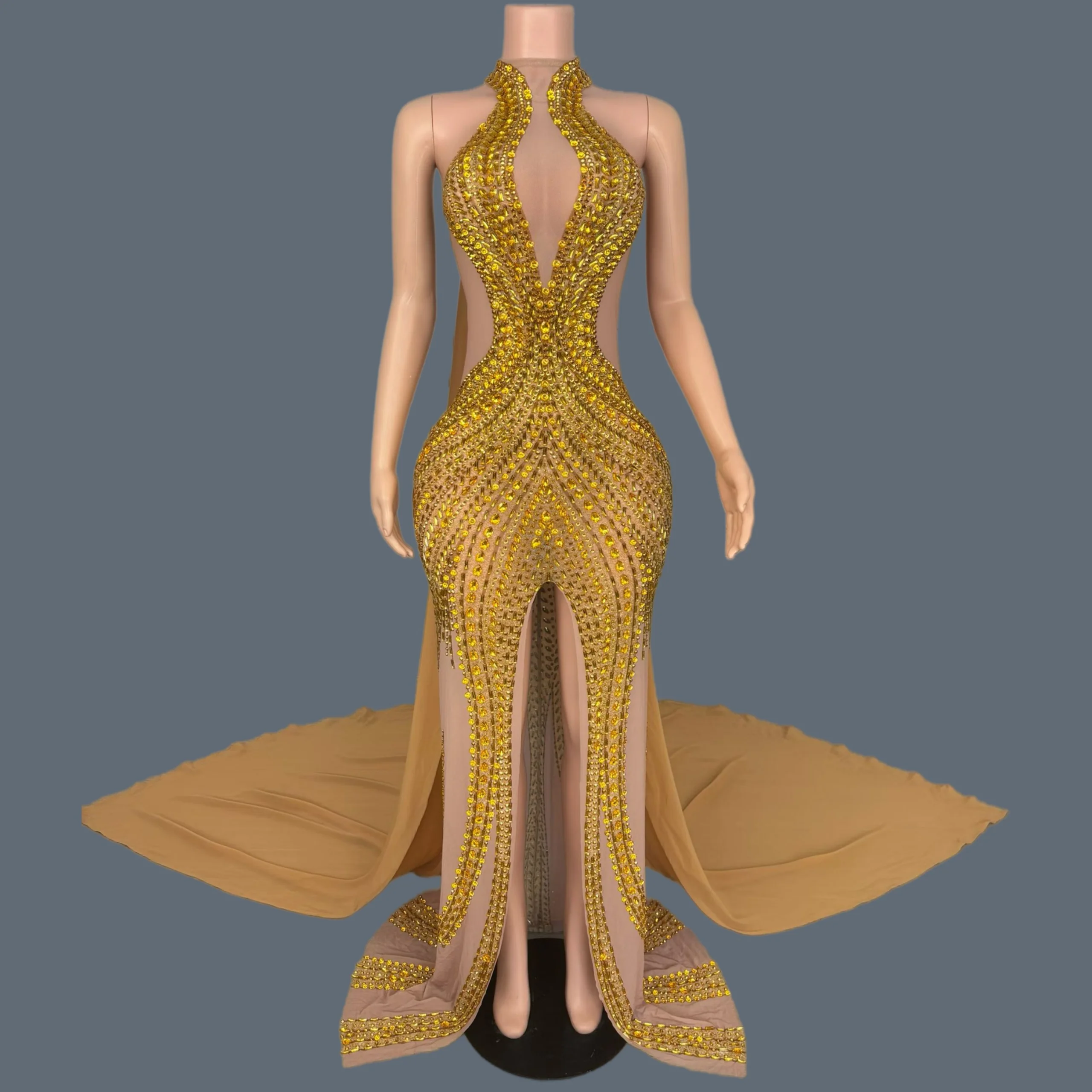 

See Through Mesh Long Cloak Evening Gown Sexy Sparkly Gold Rhinestone Slits Floor-length Dress Luxury Women Party Outfit Jinchan