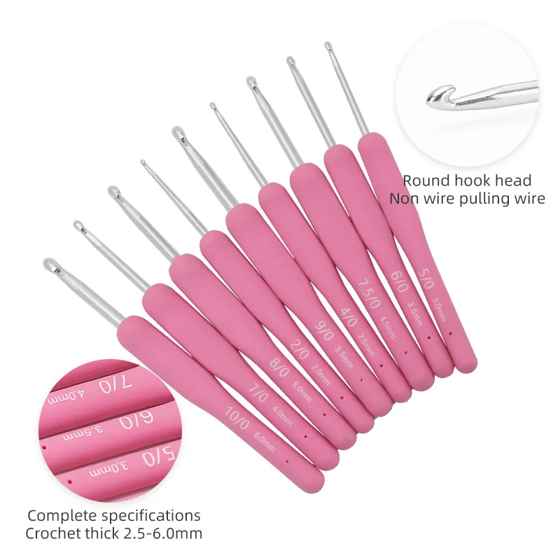 9pcs Pink Soft Handle Ergonomic Crochet Hooks Kit 2-6mm Aluminum Needle Head Crochet Set DIY Handmade Weave Knitting Tools