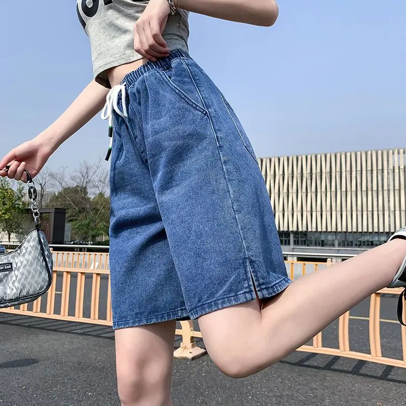 夏の新ストリートジーンズショートパンツ女性ミディハーフレングスデニムショートパンツレディースルーズワイドレッグショートファムパンツ