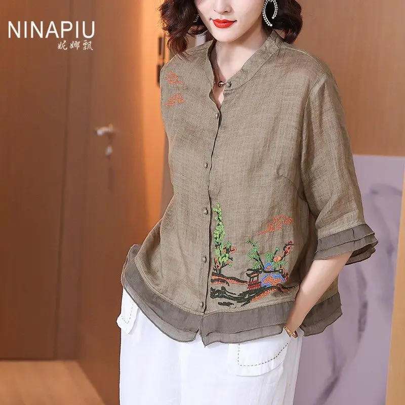 Retro Ramie Embroidered T-shirt Women Ethnic Style Summer Clothes Loose Small Stand Collar Top Chic Cardigan