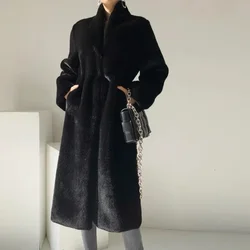 Women Autumn Winter Plush Black Long Sleeve Loose Cardigan Coat Pockets Warm Outwear
