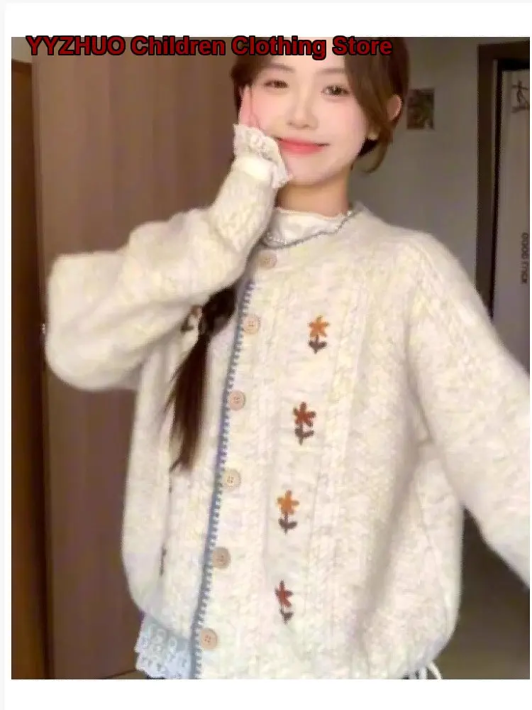 Girls Cardigan Kids Spring Autumn Round Neck Long Sleeves Stylish Knit Top for Older Kids