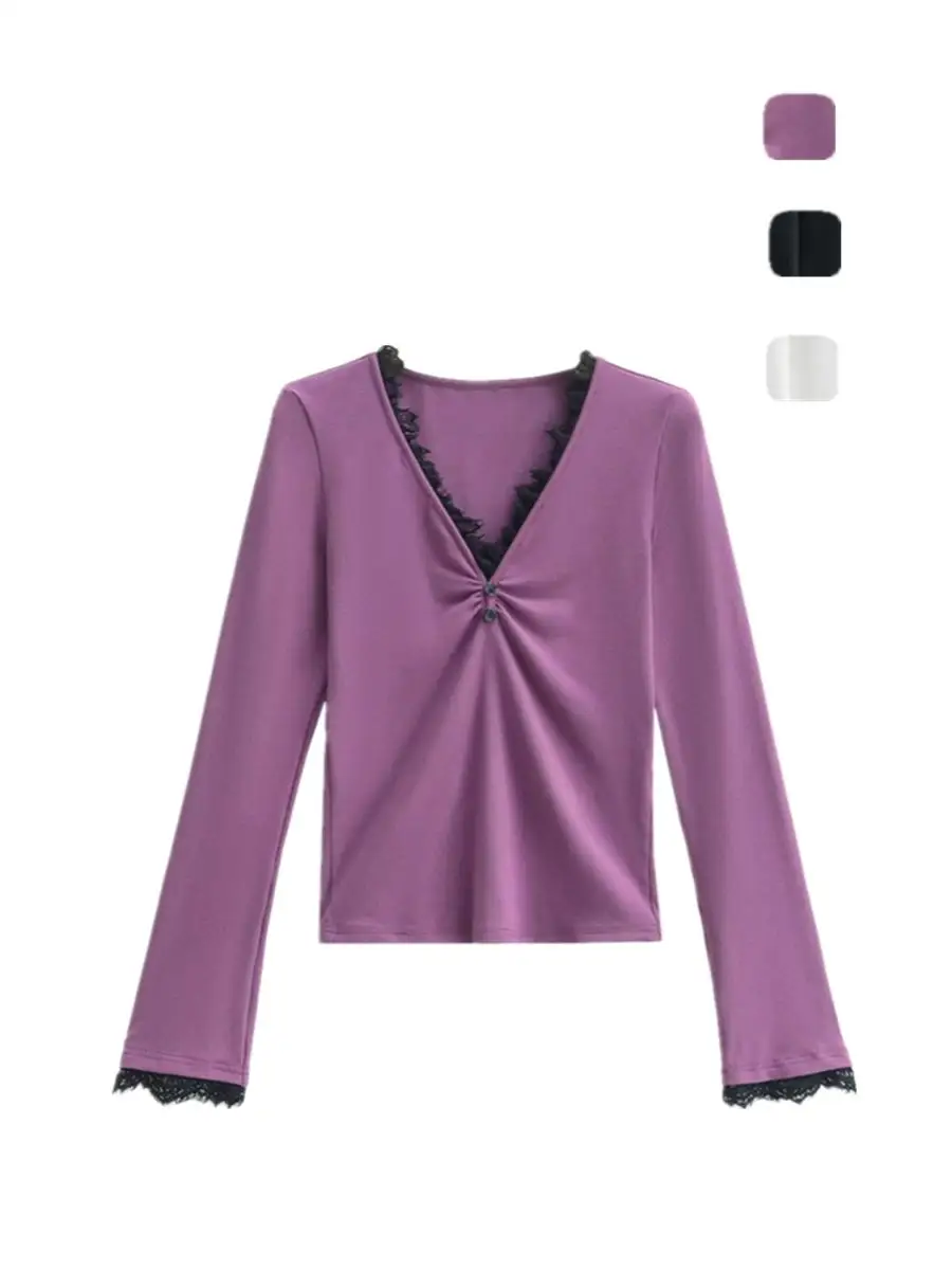 Cseta Fena de Manga Longa com Decote em V e Detalhes em Renda, Estilo Slim Fit para Outono e Inverno, Moda de Rua Pure...