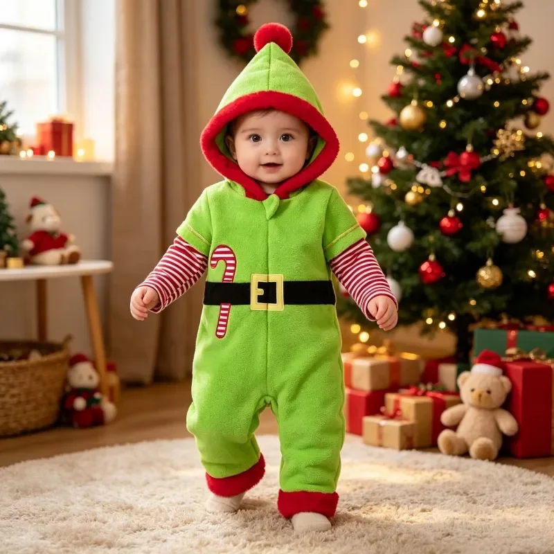 Newborn Infant Baby Boys Girls Christmas Elf Romper Green Hooded Jumpsuits One-pieces Toddler Outfits