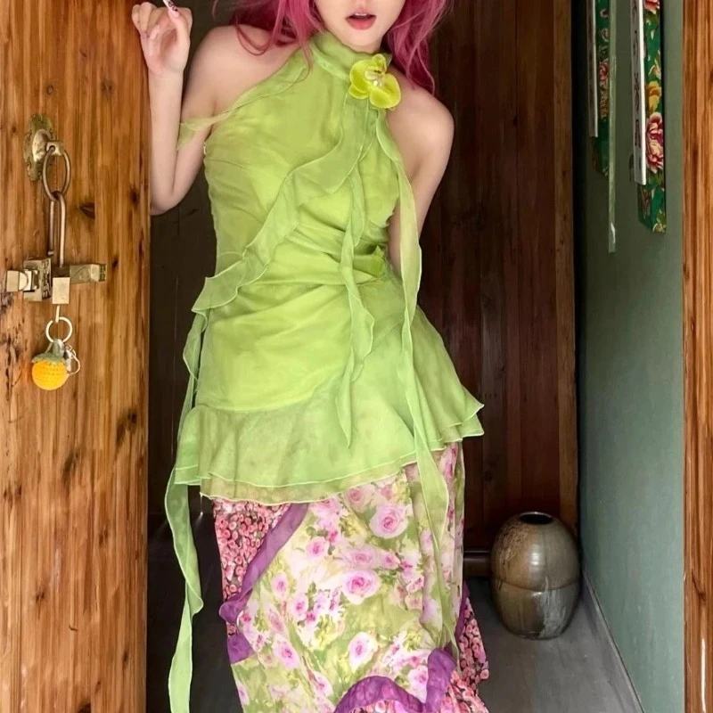 

Green Ribbon Slim Fit Sleeveless Hanging Neck Top Summer New Chiffon Flower Open Back Asymmetric