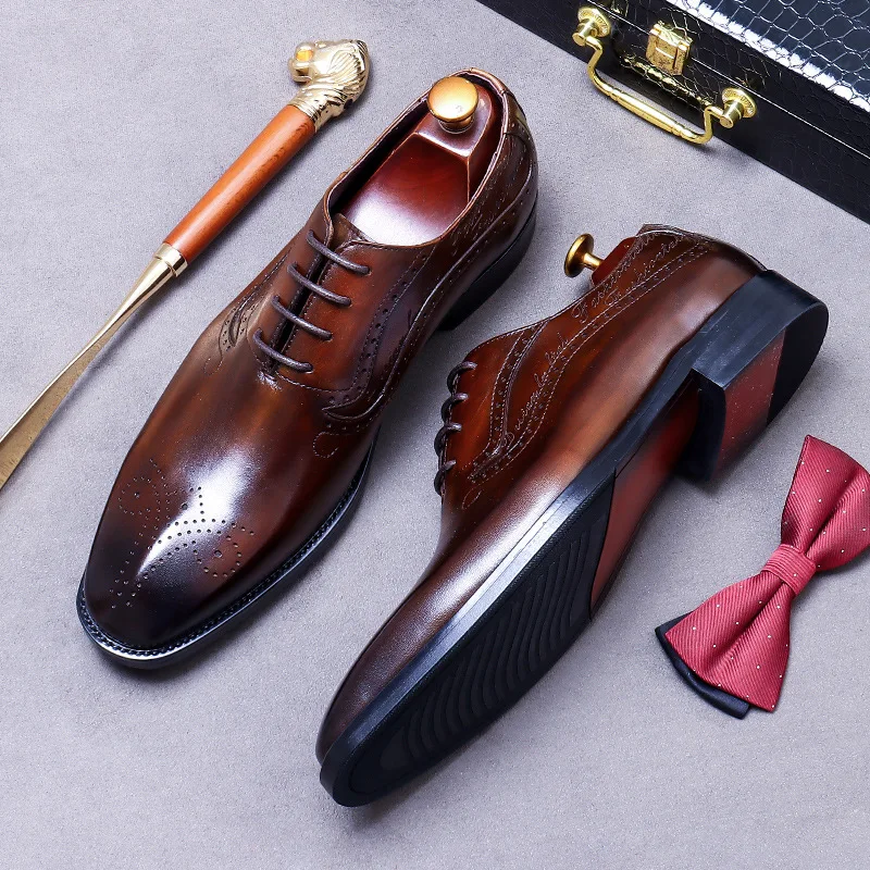 

Luxury Men's Oxfords Genuine Leather Brogue Brown Lace Up Wingtip Dress Shoes for Men Office Wedding Party Formal Footwear