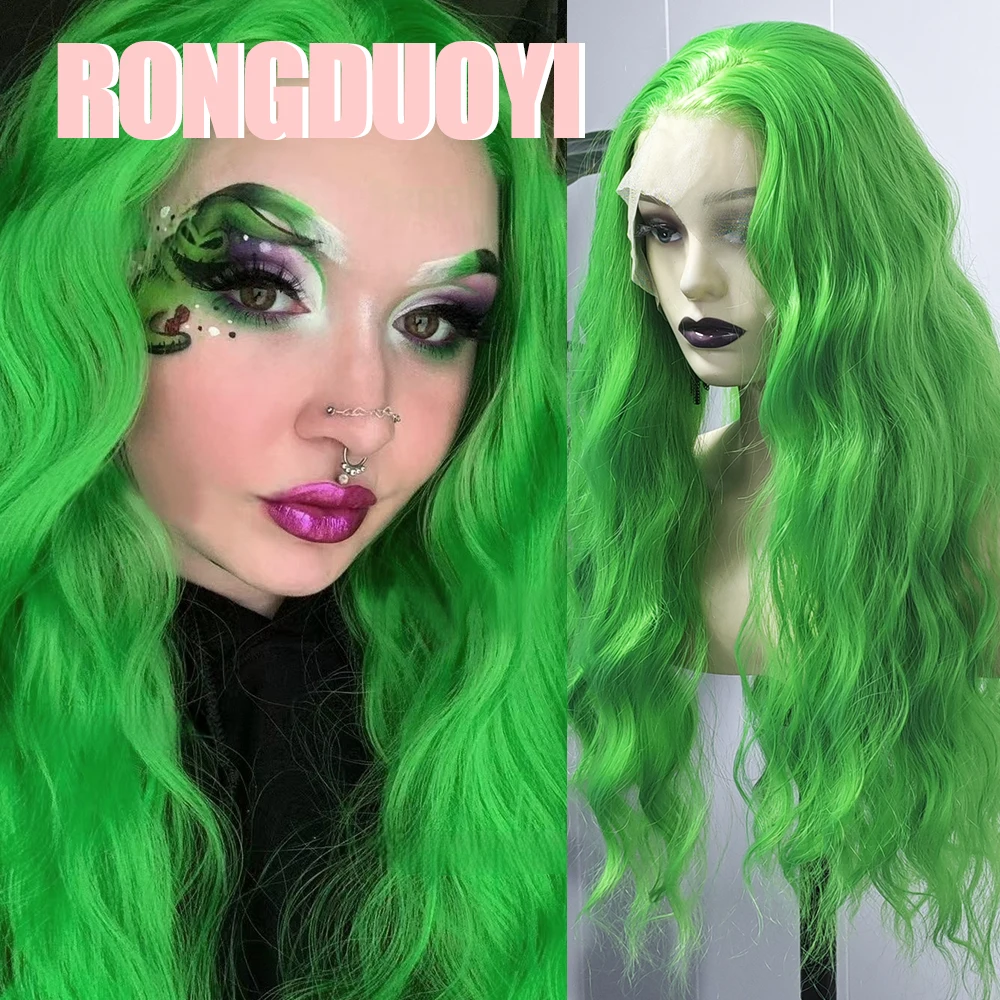 RONGDUOYI Green Loose Wave Synthetic Lace Front Wig Free Part Green Hair Cosplay Wig for Woman Makeup Use Long Body Wave Wigs