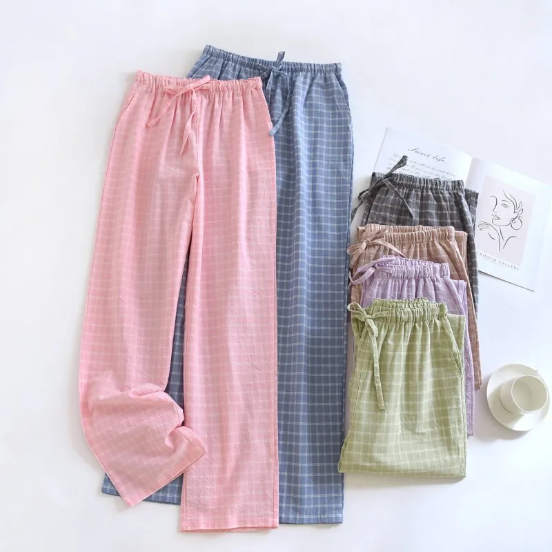 

2025 Spring/Summer New Couples Sleepwear 100% Washed Cotton Thin Loose Large Men's and Women's Casual Plaid Pants Home Pants