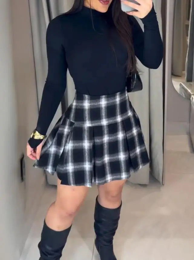 Women's Two Piece Outfits In Summer Daily Clothing High Neck Long Sleeve Backless Romper & Casual Plaid Print Pleated Skirt Sets