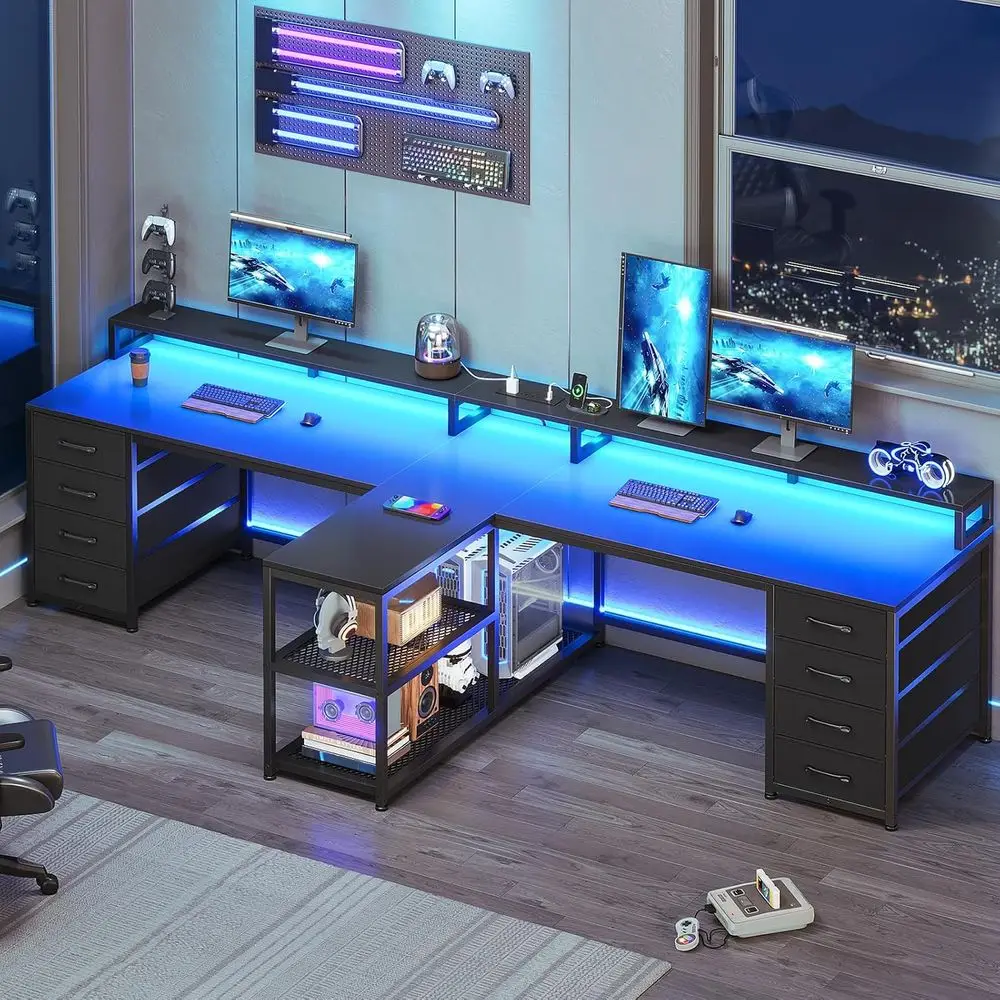 

Игровой стол для двух игроков с 8 ящиками, LED-подсветкой, местом для хранения, блоком розеток и полкой для монитора - черный