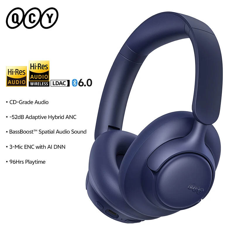 QCY H6Neo Draadloze Hoofdtelefoon 52dB Adaptieve Hybride ANC Bass Boost Headsets Hi-Res LDAC Bluetooth 6.0 Spatial Audio Hoofdtelefoon 96H