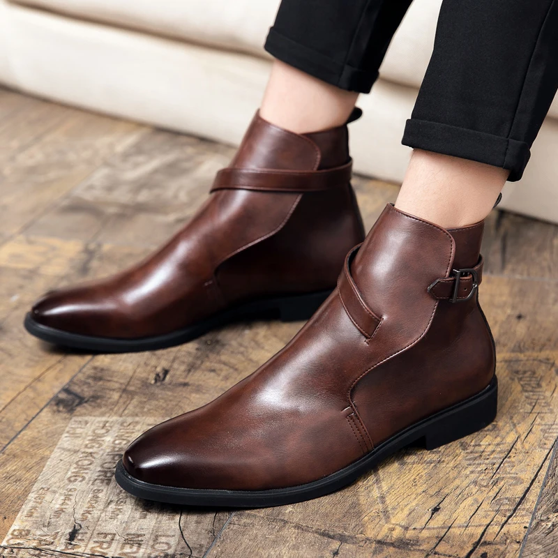 

Men's Ankle Boots Brown Black Classic Fashion Business Shoes with Buckle Strap And Zapatillas Hombre