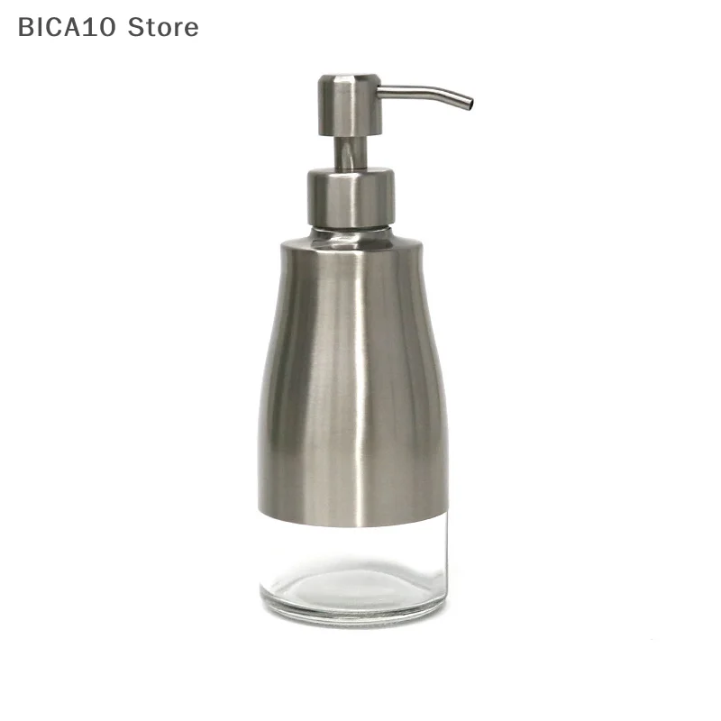 Soap Dispenser, Brushed Nickel Stainless Steel Case Glass Liner Hand Pump Dispenser, Refillable Liquid Hand Soap Dispenser