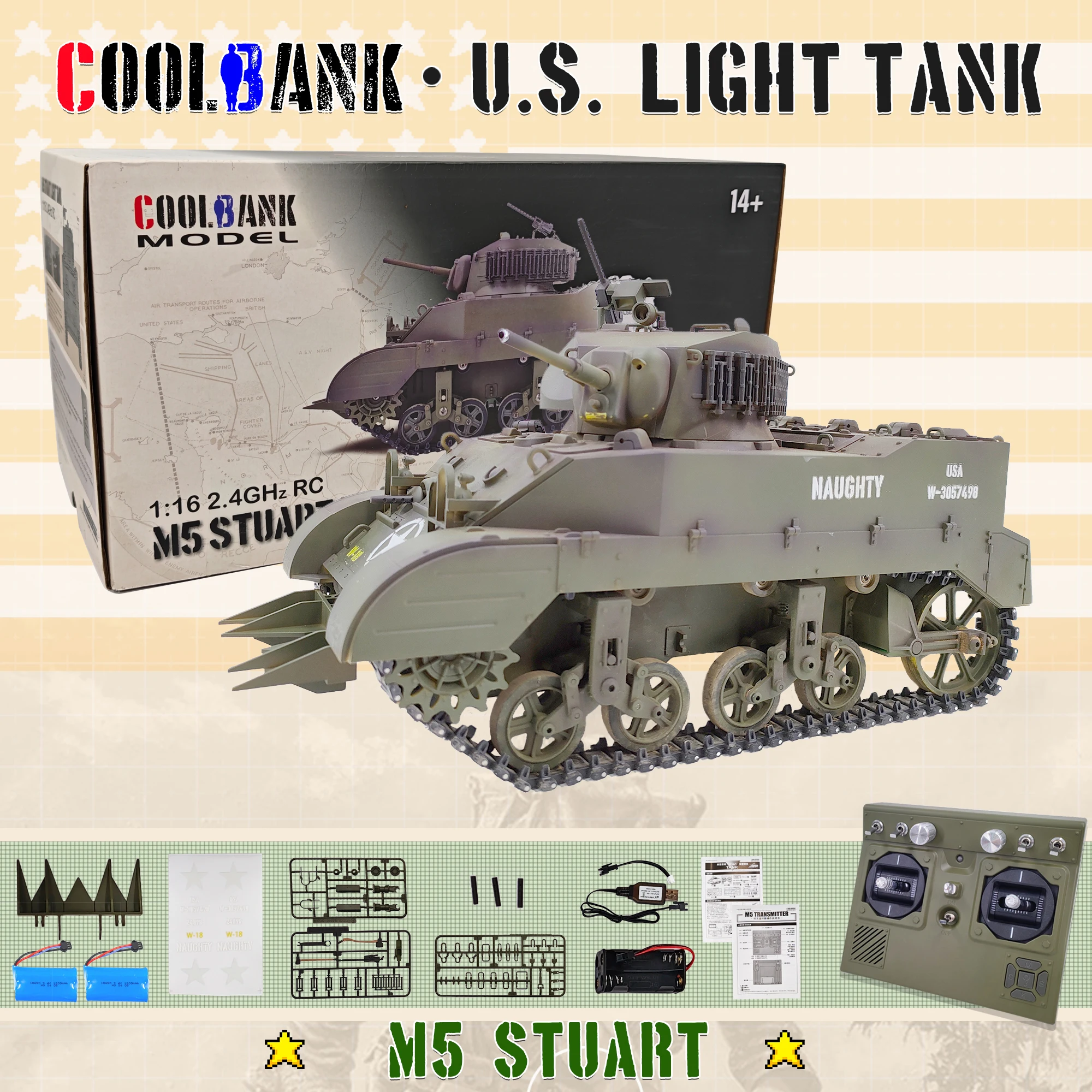 

Coolbank 1/16 2.4G Remote Control Light Tank, US M5A1 Stuart Tank Simulated Military Vehicle Model with Sound Light Smoke Adults
