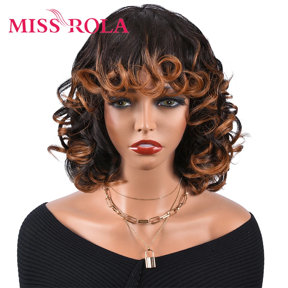 Miss Rola-perucas de cabelo humano encaracolado brasileiro, peruca feita à máquina com franja, Ombre T1B, 30 Remy Lace Wig, 180% Densidade