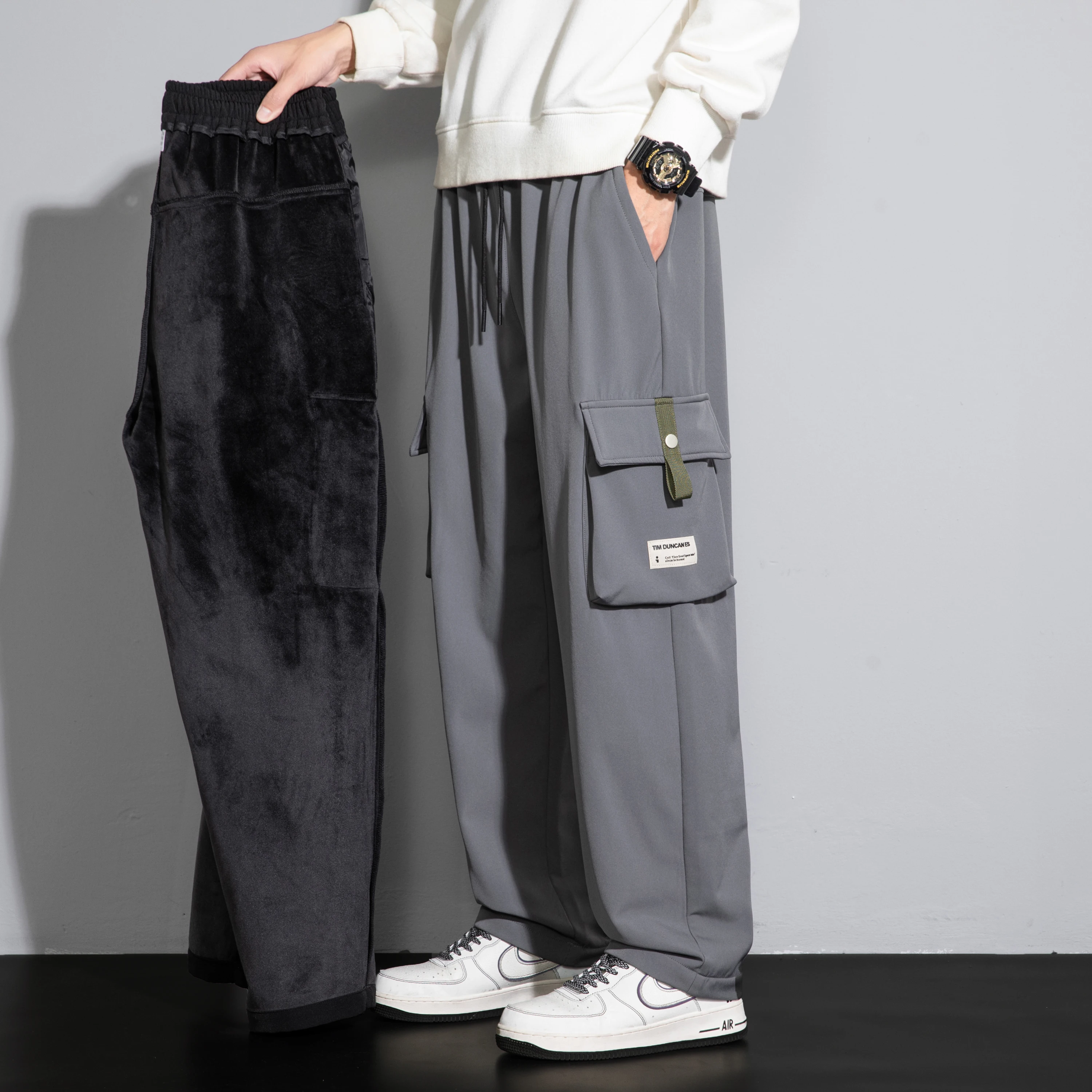 Spring Autumn Men's Elastic High Waisted Solid Bandage Drawstring Pockets Casual Loose Wide Leg Trousers Fashion Vintage Pants
