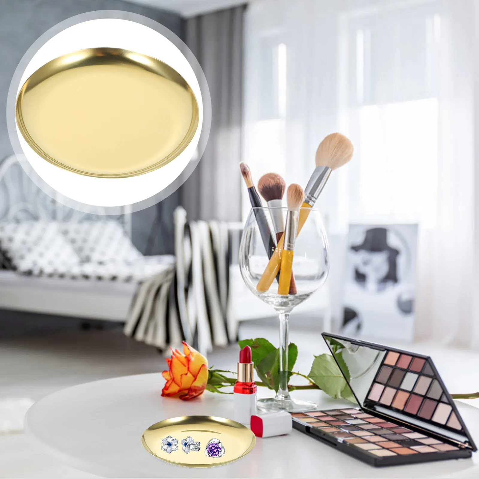 علبة مجوهرات معدنية مستديرة طبق من الفولاذ المقاوم للصدأ إكسسوارات على الطراز الشمالي حامل حلقة القرط منظم سطح المكتب لوحة حلية