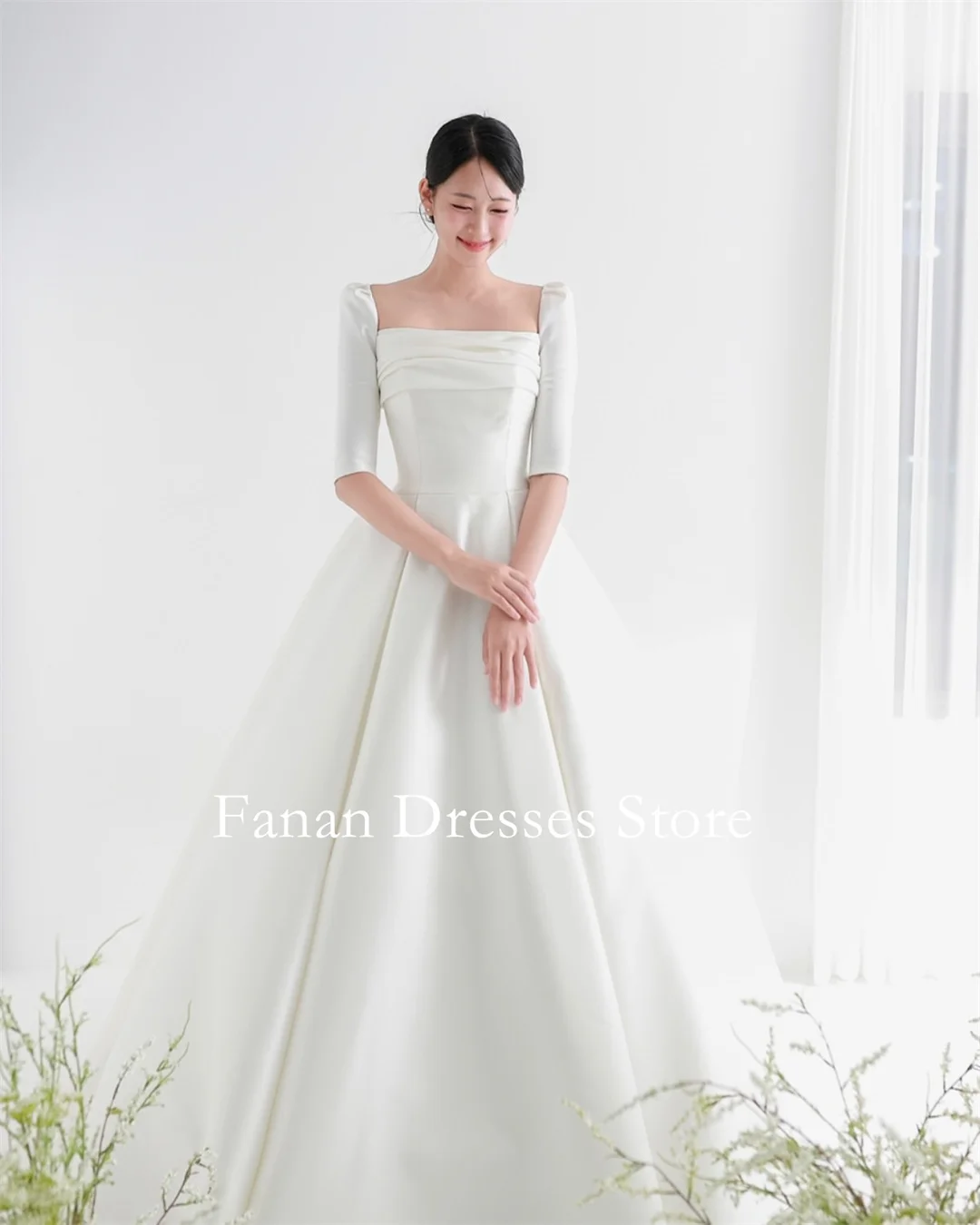 

FANAN Square Neck Korea A-Line Simple Wedding Dresses 웨딩드레스 Satin Ivory Half Sleeves Customized Pretty Bride Gowns Plus Size