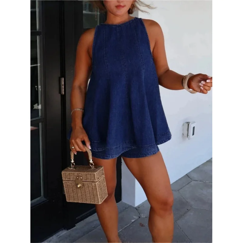 Women's Summer Casual Sleeveless Denim Dress Shorts 2026 New Fashion Denim Suit for Ladies