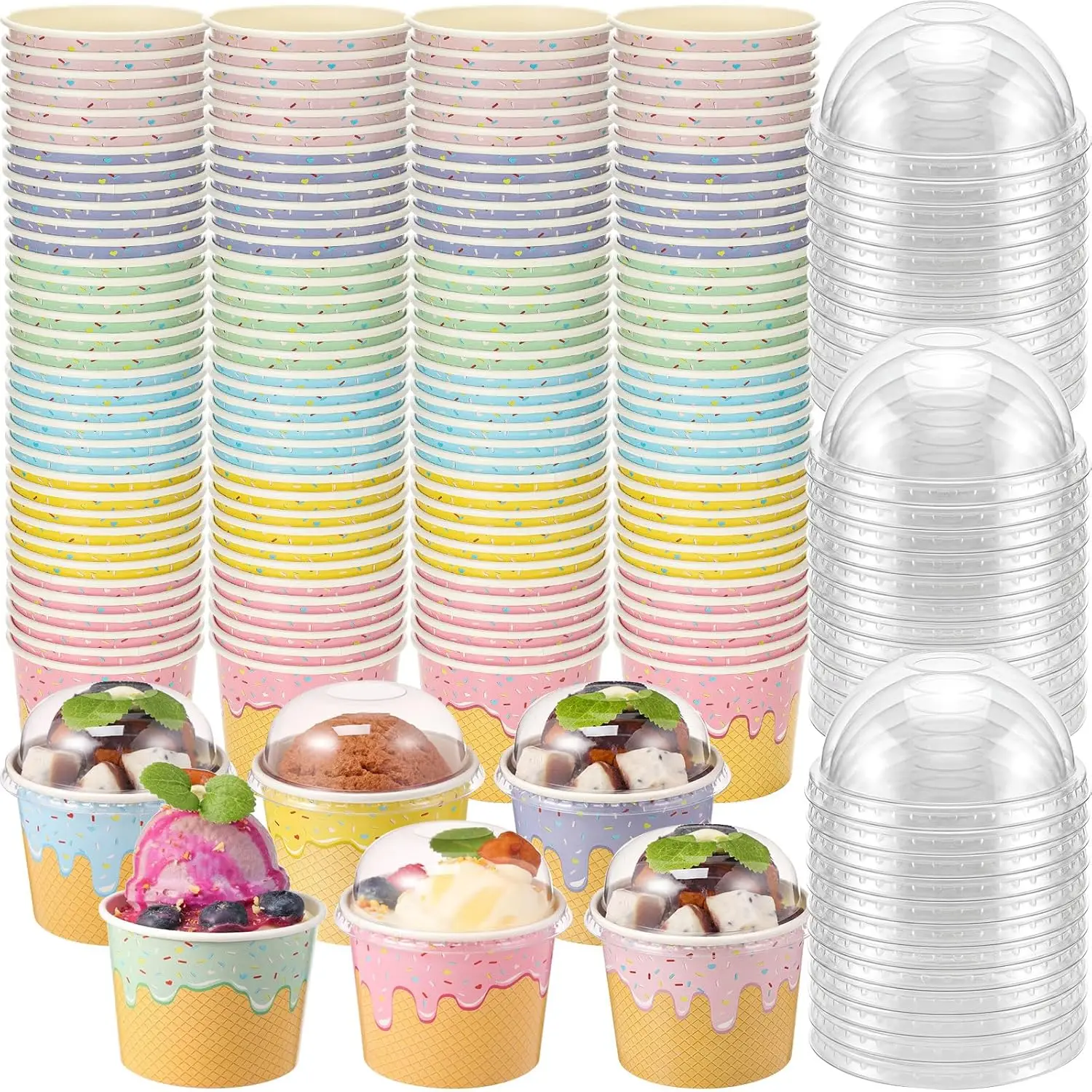 

120 Pack Ice Cream Paper Cups with lids 4 Oz Disposable Ice Cream Bowls Paper Treat Dessert Cups 5 Colors Cake Snack Con