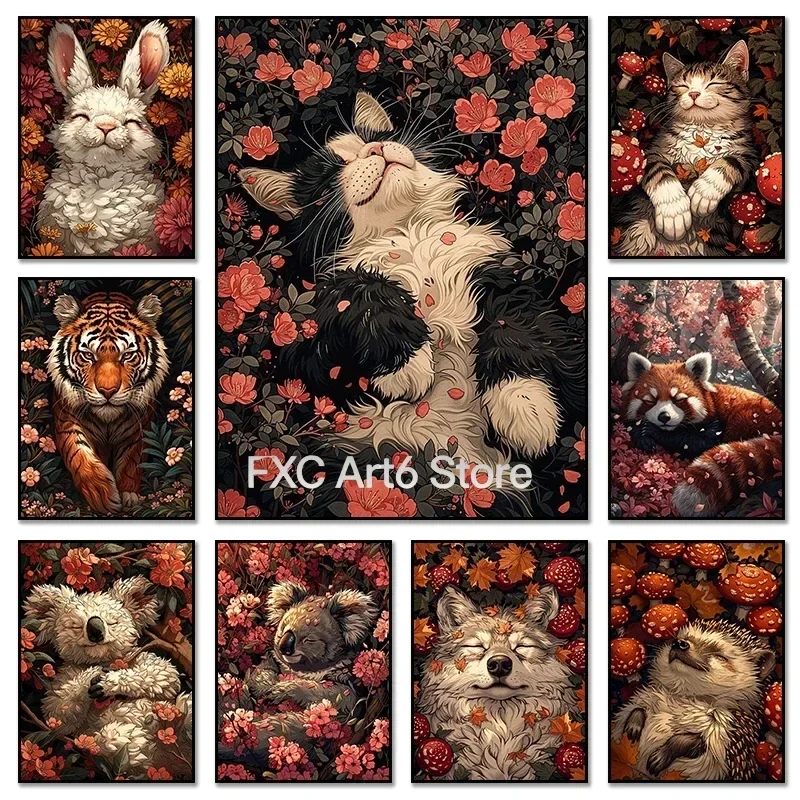 1 pieza de lienzo sin marco, bonitos animales de Anime con flores, carteles modernos, arte de pared e impresiones, imágenes HD para sala de estar y hogar G