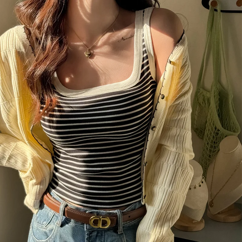 2026 Stripe Printed Square Collar Camisole Women Harajuku Contrast Color Sleeveless Tops Woman Korean Retro Knitted Tank Top