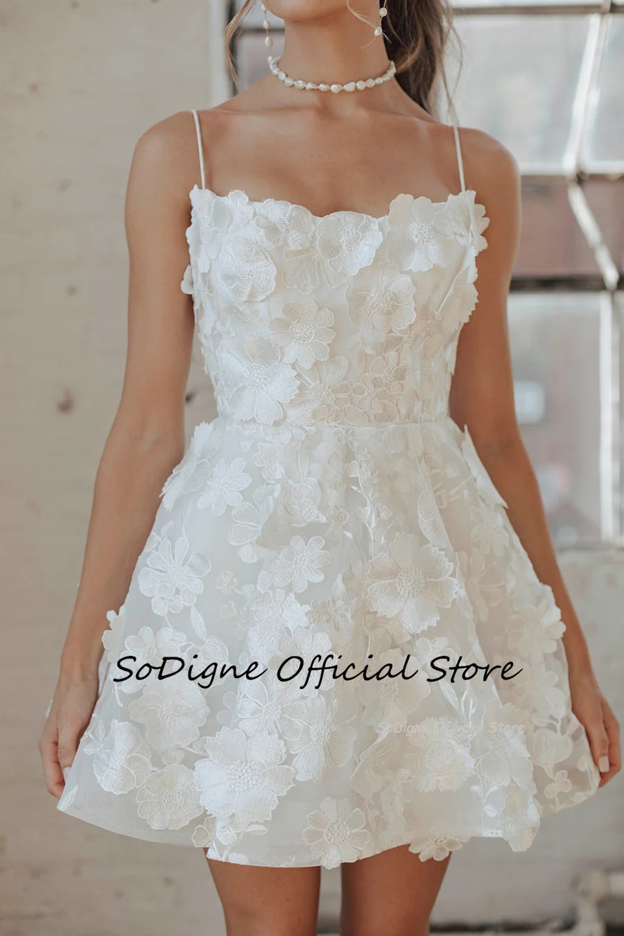 SoDigne-Vestido De novia corto De tul con tirantes finos, minivestido De novia con cuello cuadrado y flores, corte en A