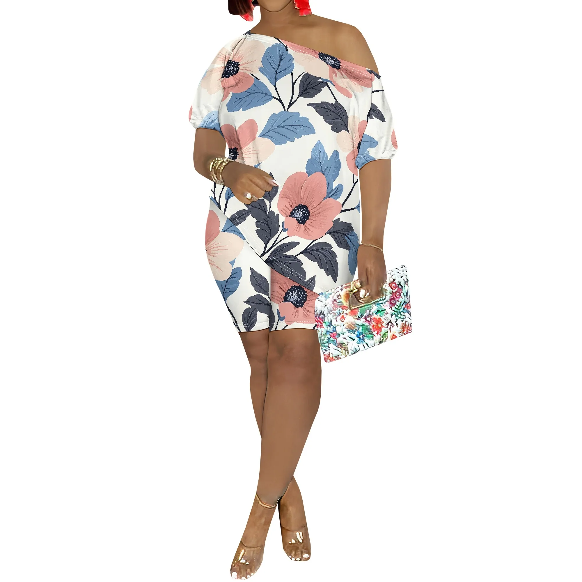 Women's Casual Off One Shoulder 2 Piece Jogger Sweatsuit Tracksuit Sets Loose Irregular Pullover Tops Shorts Floral Print