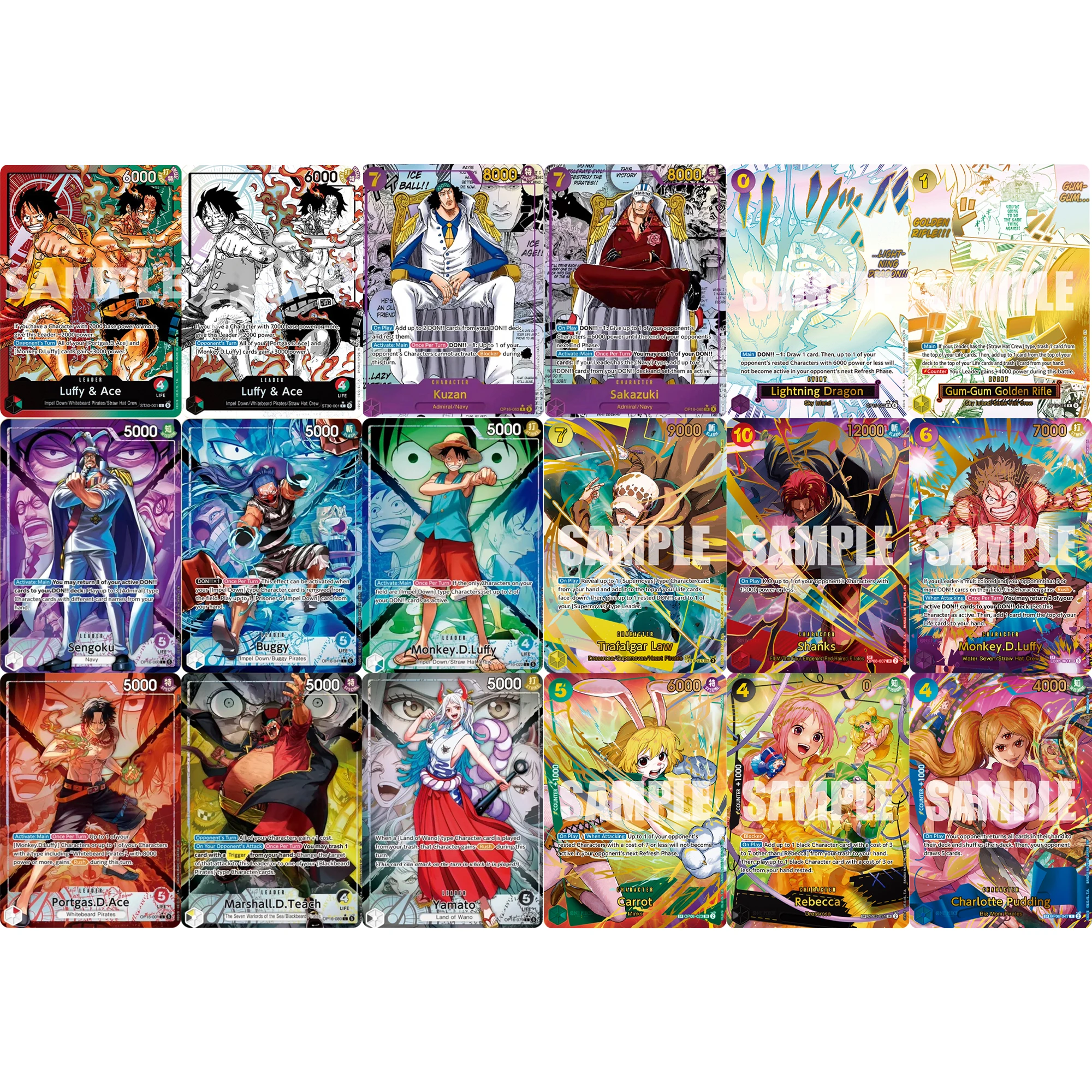 Set de 6 Tarjetas Coleccionables DIY de One Piece en Inglés con Luffy, Shanks, Rebecca, Pudding, Carrot y Flash, Tarjetas OPCG Hechas a Mano de Anime Clásico